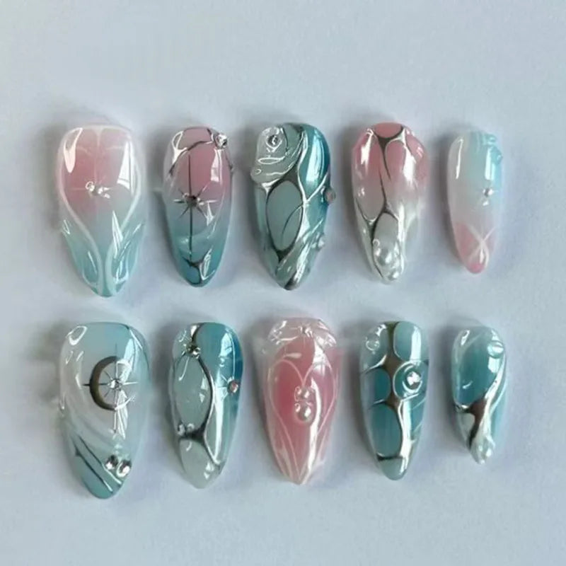 Black Y2K Long False Nails - 24Pcs Almond Cat's Eye Design