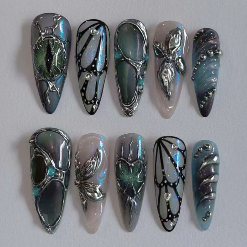 Black Y2K Long False Nails - 24Pcs Almond Cat's Eye Design