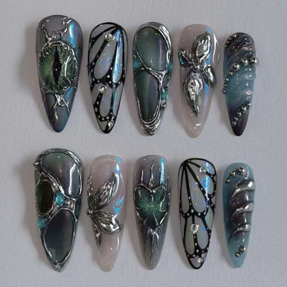Black Y2K Long False Nails - 24Pcs Almond Cat's Eye Design