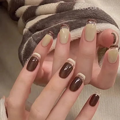 24pcs French Lemon Full Cover Artificial Fake Nails Art Seamless Removable Coffin False Nails With Glue Girls Press On Nail Tips