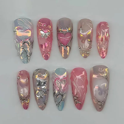 Black Y2K Long False Nails - 24Pcs Almond Cat's Eye Design