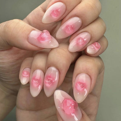 Red Love Heart French Nail Art - Cute Nude Pink Fake Nails