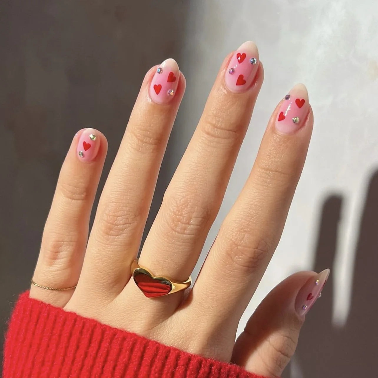 Red Love Heart French Nail Art - Cute Nude Pink Fake Nails