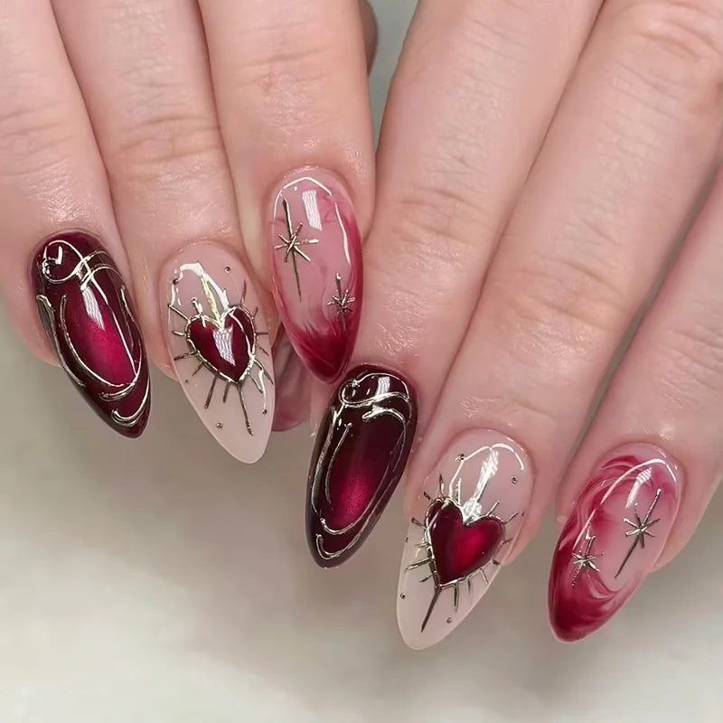 Black Y2K Long False Nails - 24Pcs Almond Cat's Eye Design