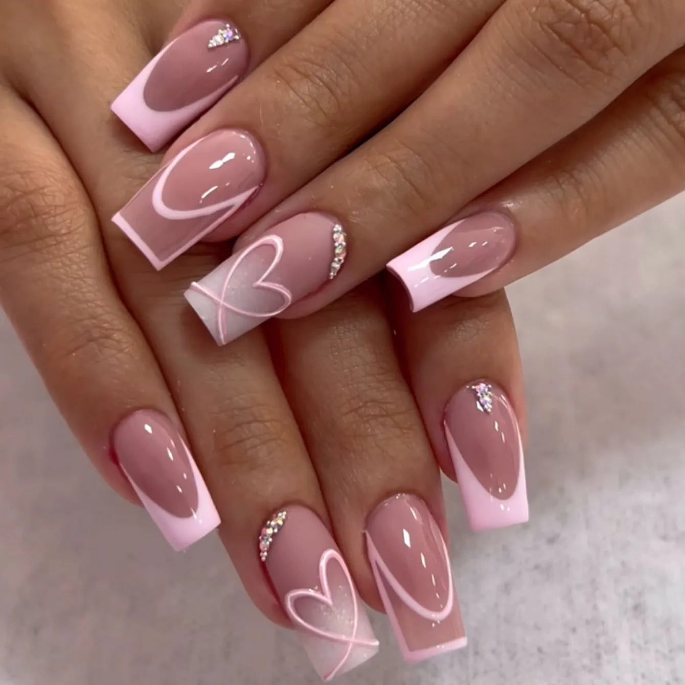 Press-On Nails: French Pink Short Square with Rhinestones