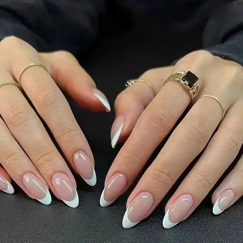 Fake Nails Almond 24Pcs - White Edge, Pink Stiletto
