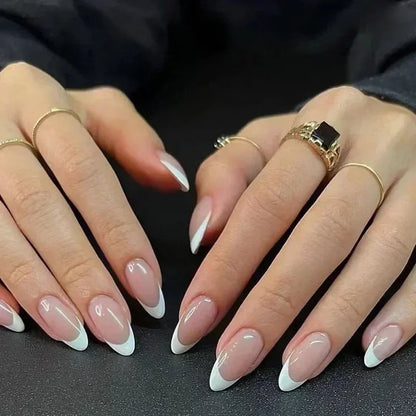 Fake Nails Almond 24Pcs - White Edge, Pink Stiletto