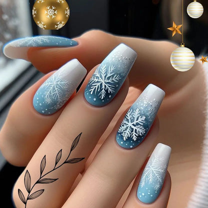 Fake Nails: Christmas Black Red Blue Snowflake Tips