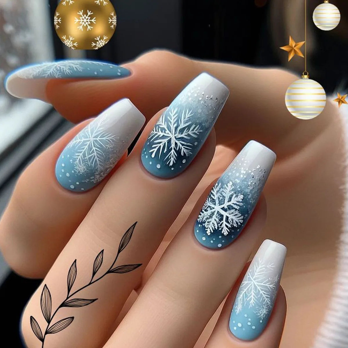 Fake Nails: Christmas Black Red Blue Snowflake Tips