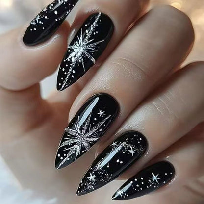 Fake Nails: Christmas Black Red Blue Snowflake Tips
