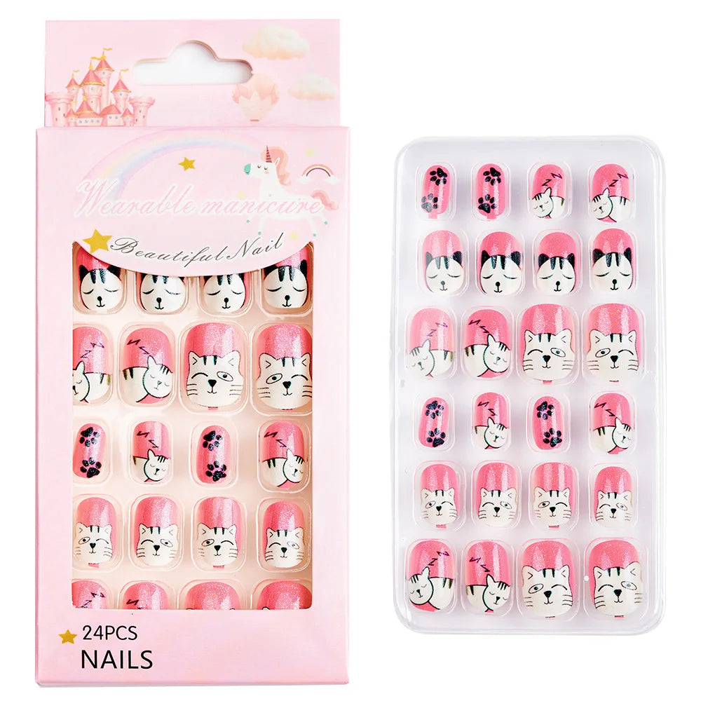 Fake Nails: Cartoon Kids Acrylic Nails - Cute Cat/Pig/Rainbow Set