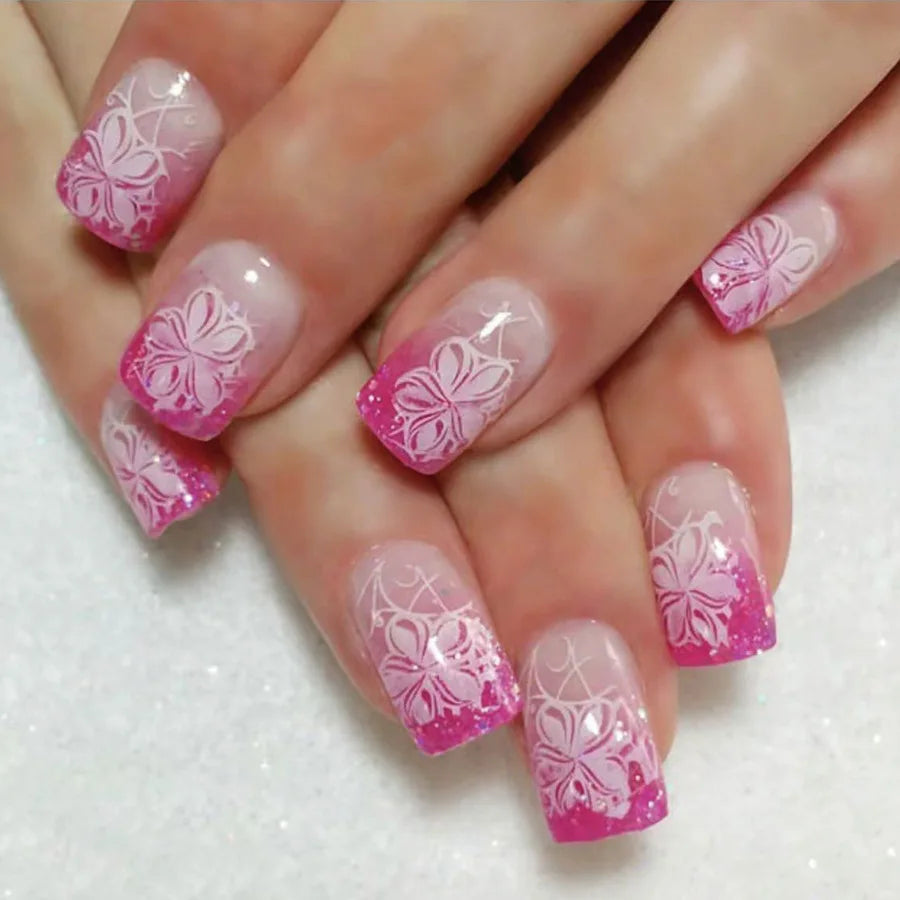 Mid-length Coffin Fake Nails 24Pcs White French Tip Ballerina Press On Nail Pink/White Flower Printed Spring/Summer DIY Manicure