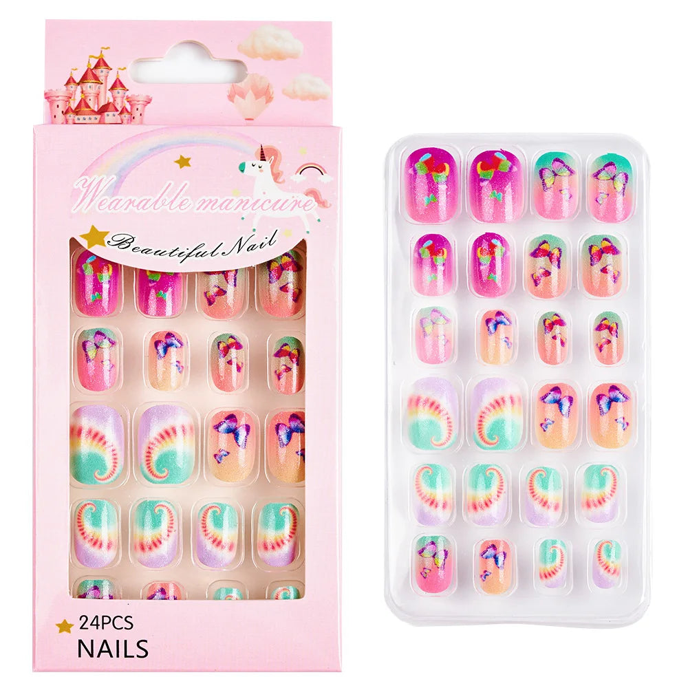Fake Nails: Cartoon Kids Acrylic Nails - Cute Cat/Pig/Rainbow Set