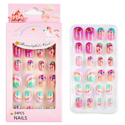 Fake Nails: Cartoon Kids Acrylic Nails - Cute Cat/Pig/Rainbow Set