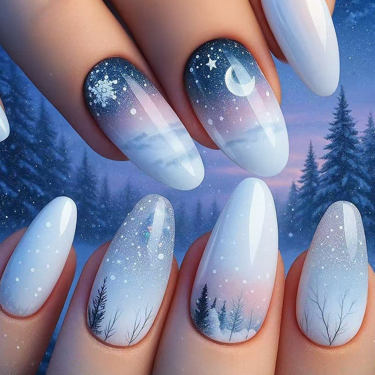 Fake Nails: Christmas Black Red Blue Snowflake Tips