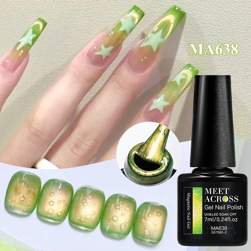 MEET ACROSS Guava & Grape Color Cat Magnetic Gel Green Glass Bead Cat Eye Gel Soak Off UV Gel Nail Art Varnish Salon Home DIY