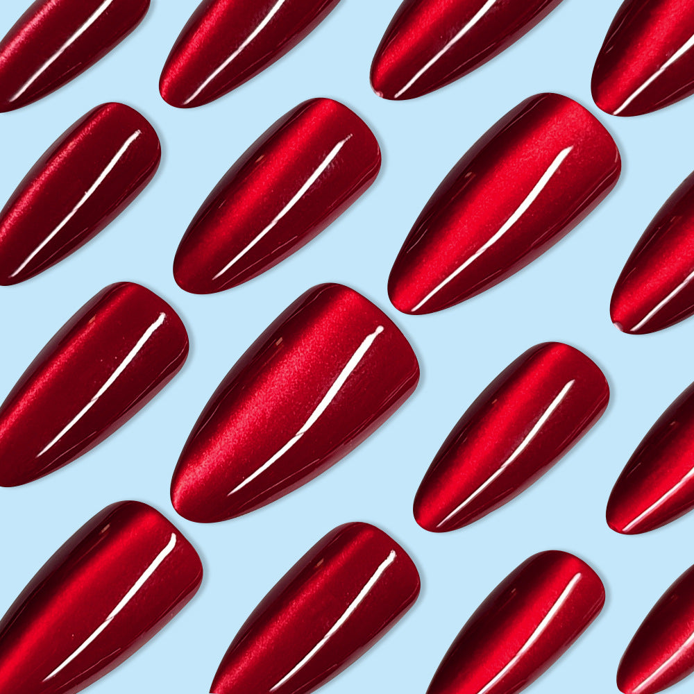 Press On Nails: Glossy Red Cat's Eye Press On Nails - 24pcs Almond Shape