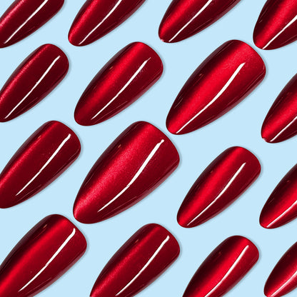 Press On Nails: Glossy Red Cat's Eye Press On Nails - 24pcs Almond Shape