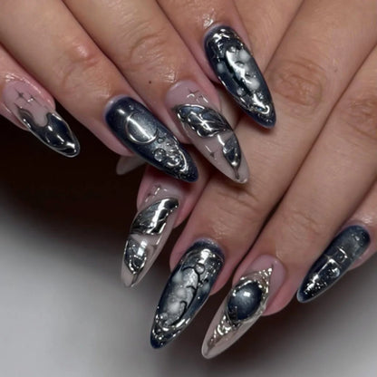 Black Y2K Long False Nails - 24Pcs Almond Cat's Eye Design