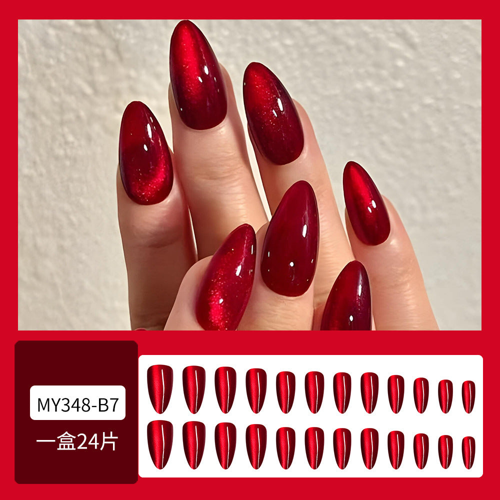 Press On Nails: Glossy Red Cat's Eye Press On Nails - 24pcs Almond Shape