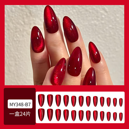Press On Nails: Glossy Red Cat's Eye Press On Nails - 24pcs Almond Shape