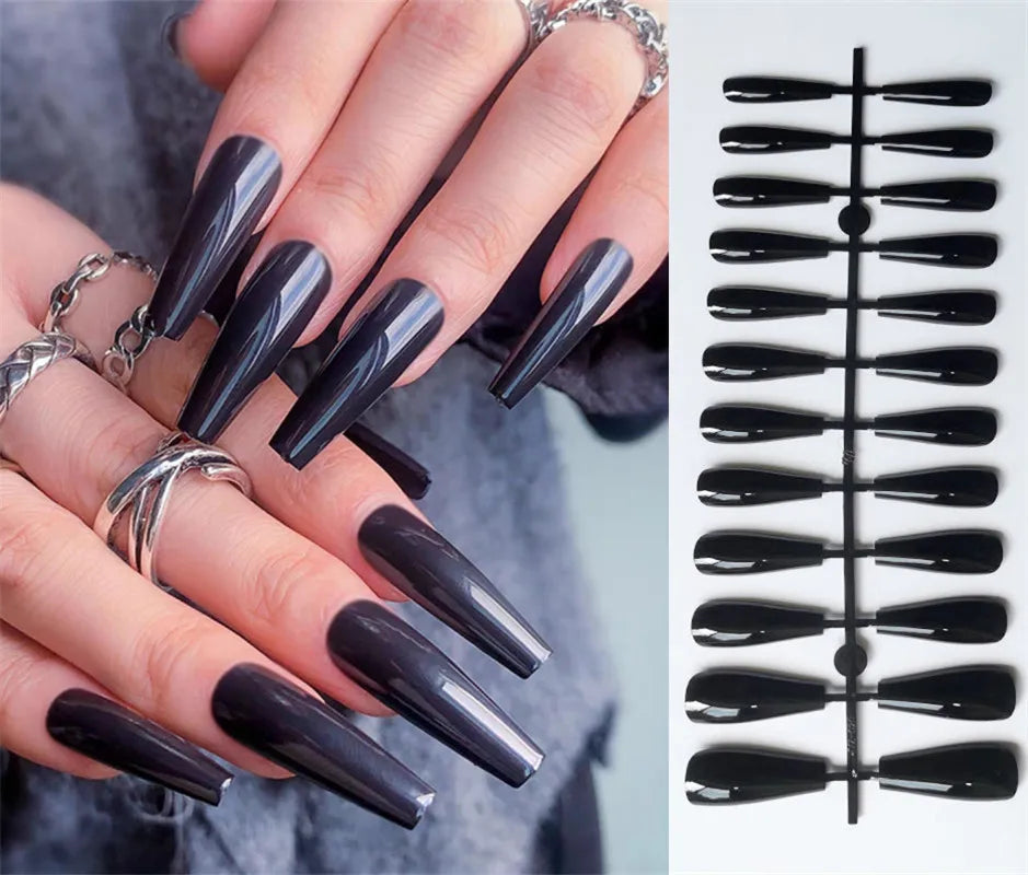 Red Black Gradient Coffin Press-On Nails - 24Pcs