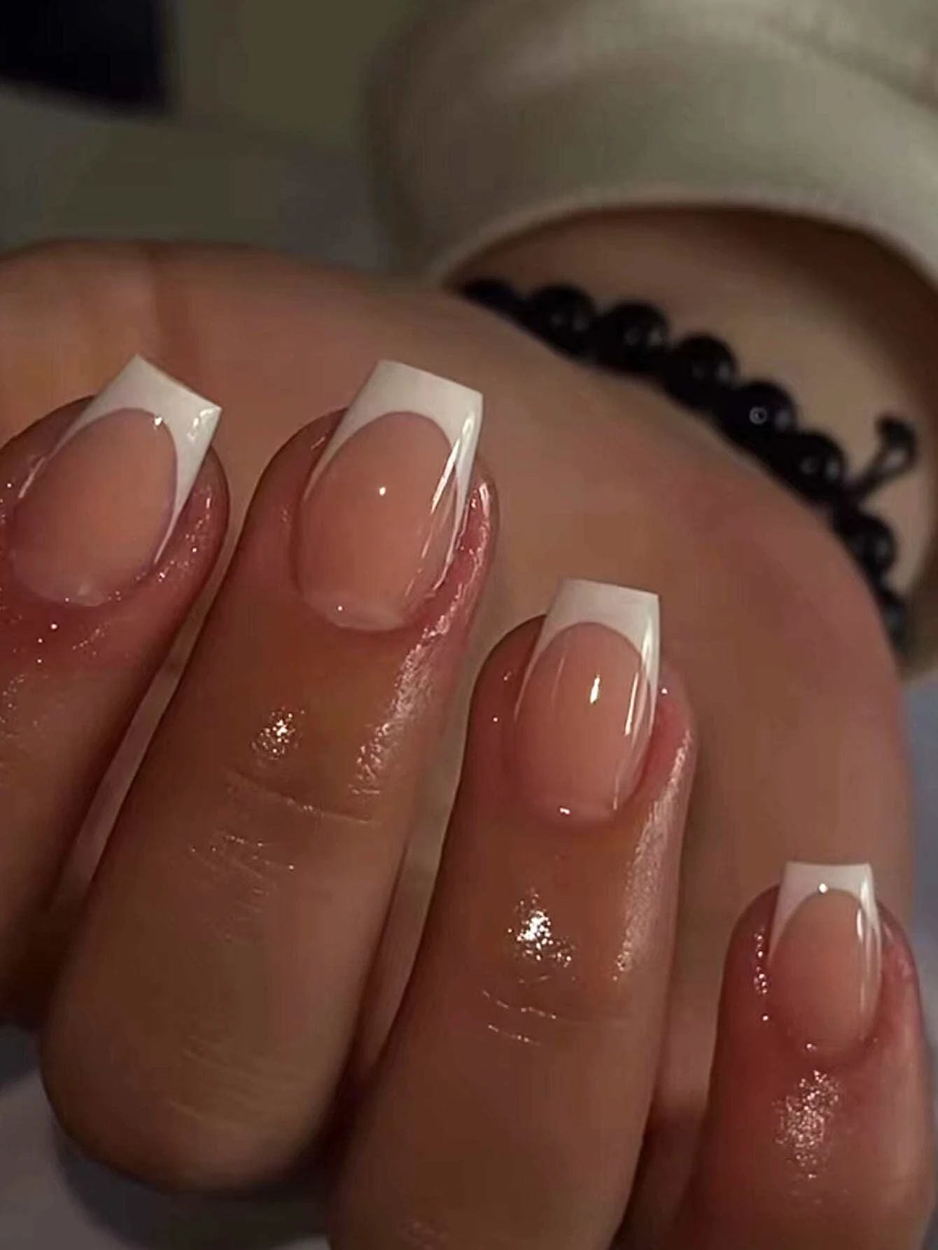 Short Square Fake Nails: Cute Bride Heart French Tips Set