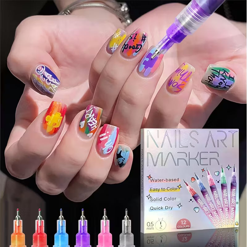 12 Color Nail Art Pens - Quick-Dry, Waterproof, 0.5MM Tips