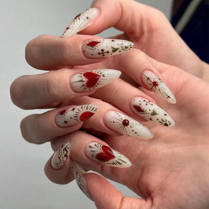 Red Love Heart French Nail Art - Cute Nude Pink Fake Nails