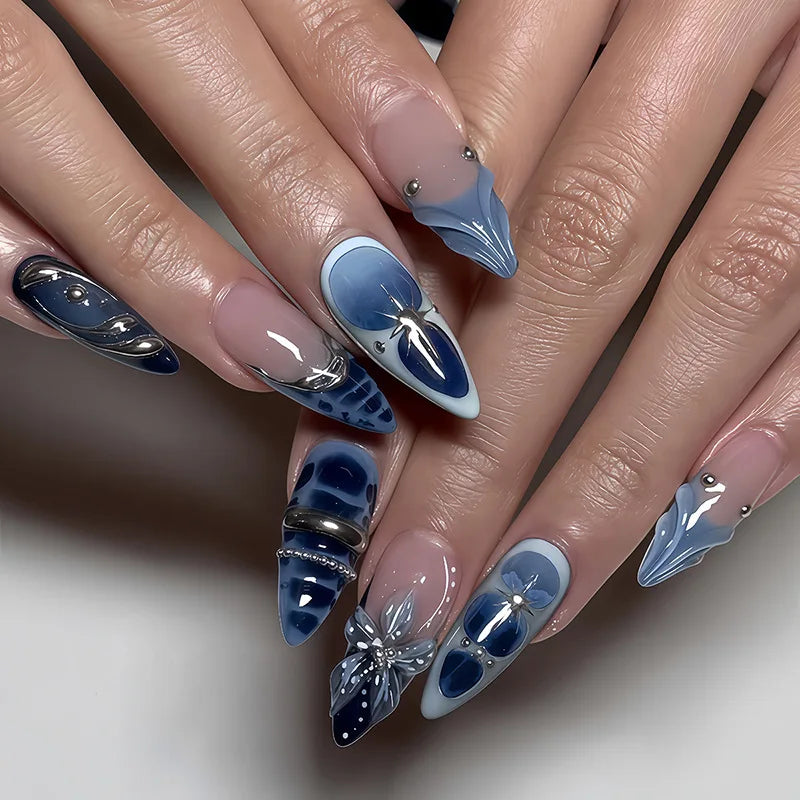 Black Y2K Long False Nails - 24Pcs Almond Cat's Eye Design