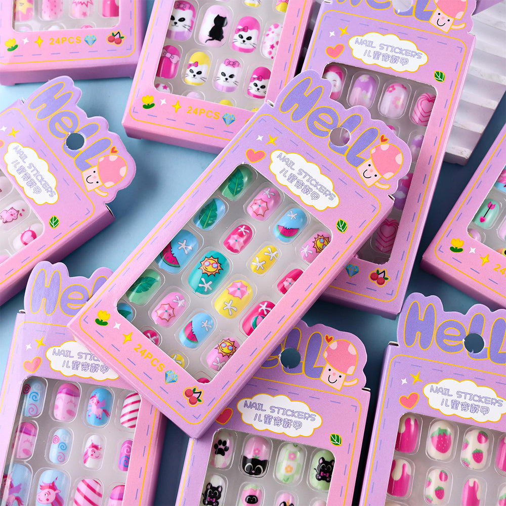 Fake Nails: Cartoon Kids Acrylic Nails - Cute Cat/Pig/Rainbow Set
