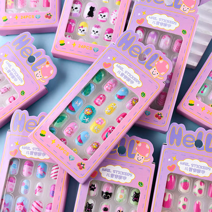 Fake Nails: Cartoon Kids Acrylic Nails - Cute Cat/Pig/Rainbow Set
