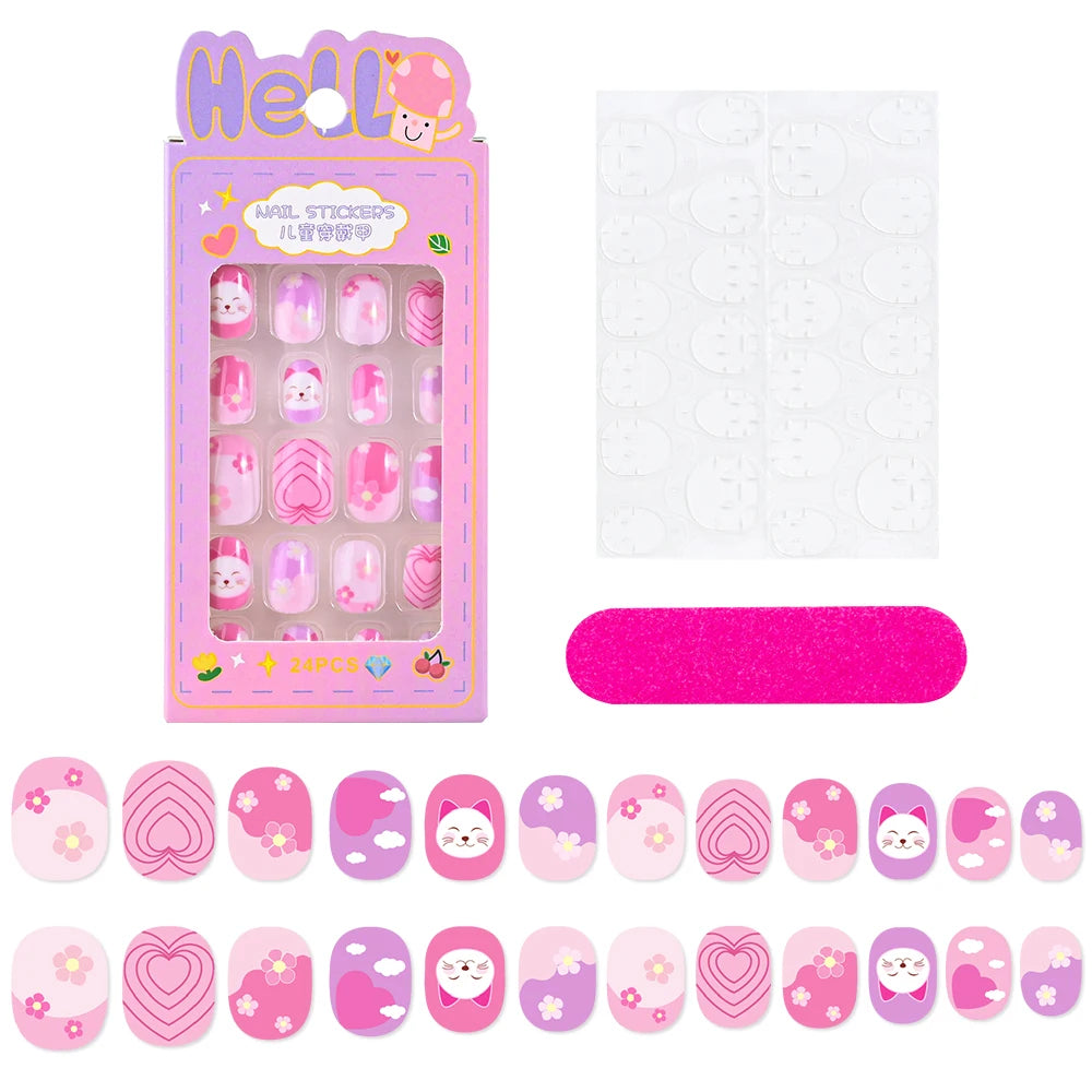 Fake Nails: Cartoon Kids Acrylic Nails - Cute Cat/Pig/Rainbow Set