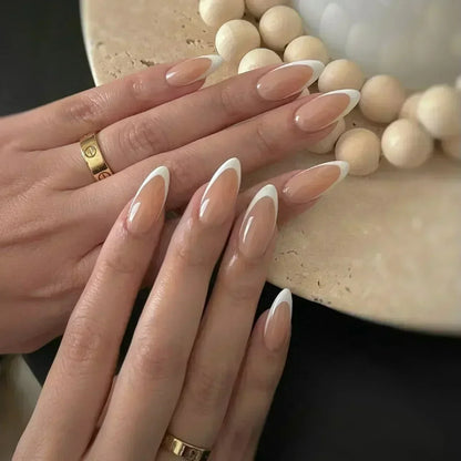 Fake Nails Almond 24Pcs - White Edge, Pink Stiletto