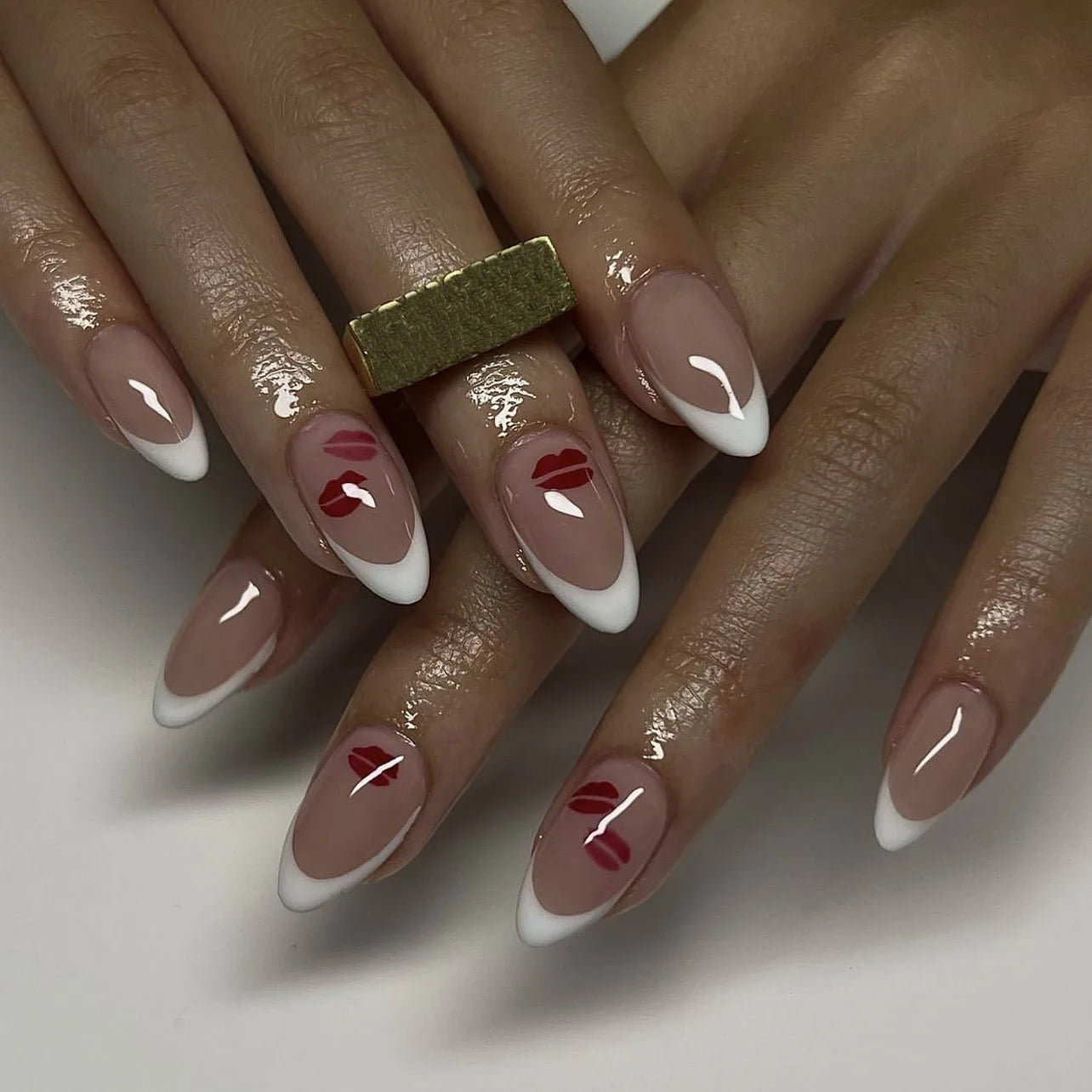 Red Love Heart French Nail Art - Cute Nude Pink Fake Nails