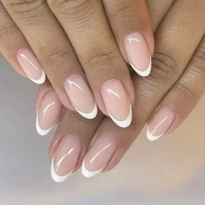 Fake Nails Almond 24Pcs - White Edge, Pink Stiletto