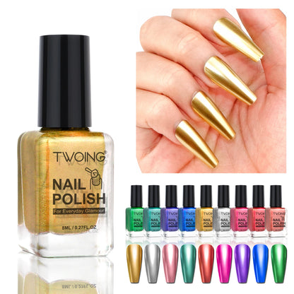TWOING 8ml 9 Colors Metallic Mirror Nail Polish Set, Quick-Dry Chrome Nail Polish, Long-Lasting High Shine for DIY Manicure