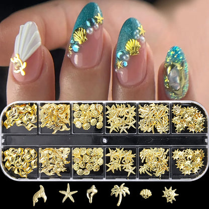 Golden starfish and seashell nail art decorations, 3D ocean fan shell and conch ornaments, mini steel bead nail accessories.