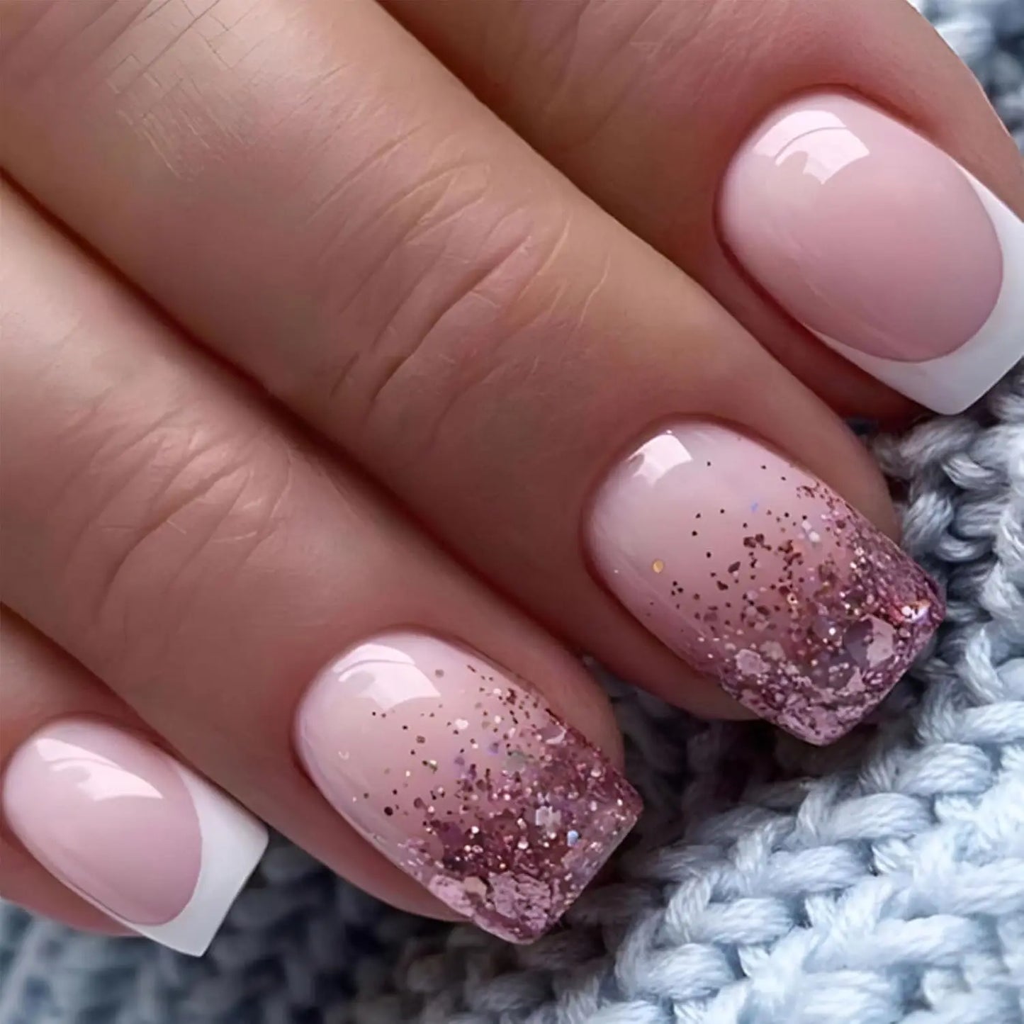 Short Square Fake Nails: Cute Bride Heart French Tips Set