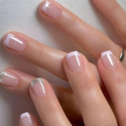 Short Square Fake Nails: Cute Bride Heart French Tips Set