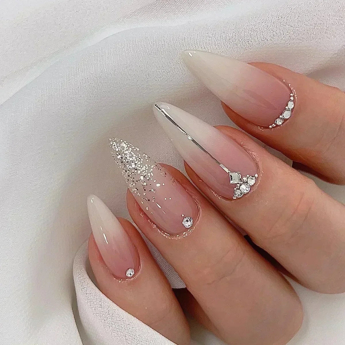 Fake Nails Almond 24Pcs - White Edge, Pink Stiletto