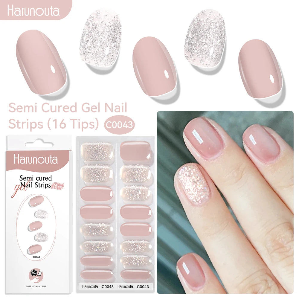Gel Nail Polish Strips Red Series - 16 Semi-Cured Glitter Wraps