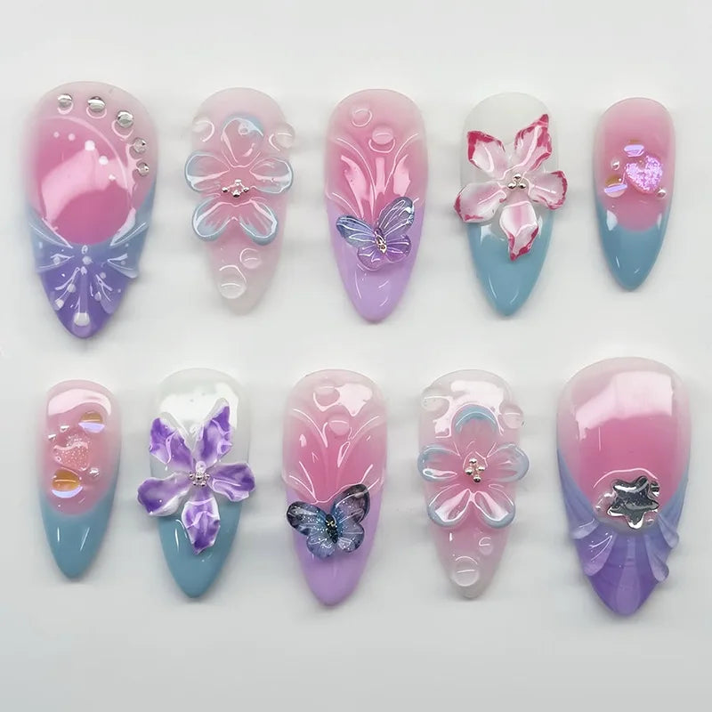 Black Y2K Long False Nails - 24Pcs Almond Cat's Eye Design