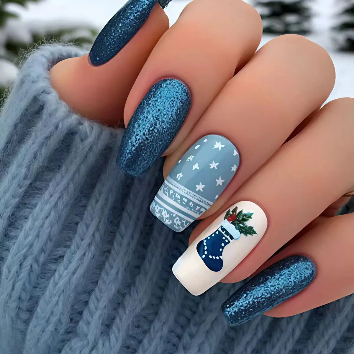 Fake Nails: Christmas Black Red Blue Snowflake Tips