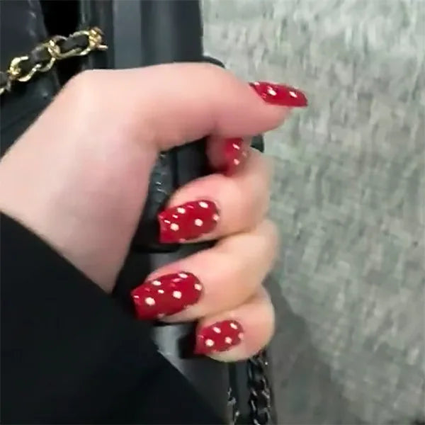 Red Love Heart French Nail Art - Cute Nude Pink Fake Nails