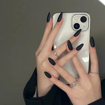 Press On Nails: Almond Black Matte Press-On Nails - 24Pcs DIY Manicure Set