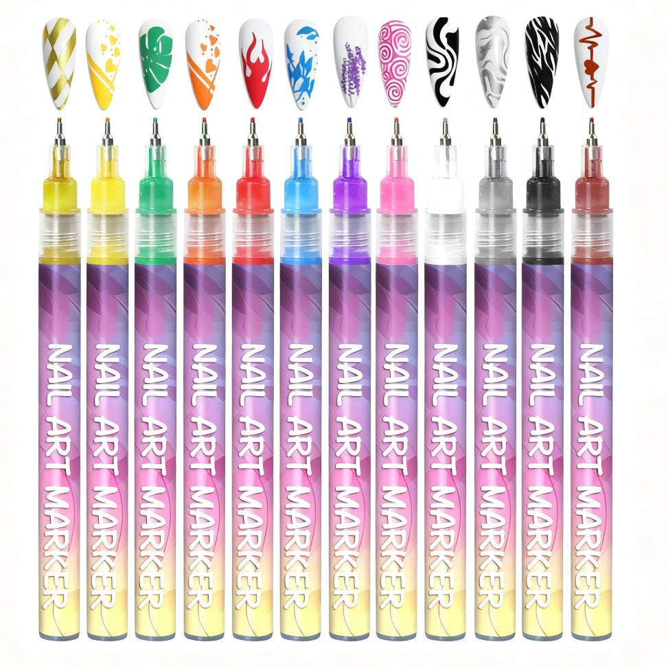 12 Color Nail Art Pens - Quick-Dry, Waterproof, 0.5MM Tips