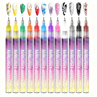 12 Color Nail Art Pens - Quick-Dry, Waterproof, 0.5MM Tips
