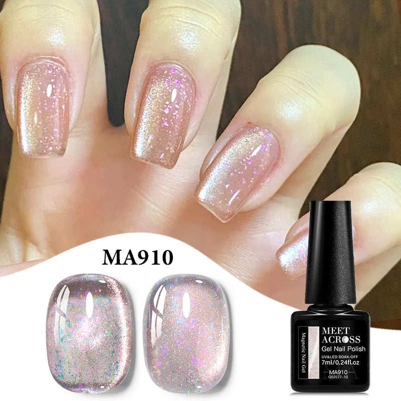 MEET ACROSS Guava & Grape Color Cat Magnetic Gel Green Glass Bead Cat Eye Gel Soak Off UV Gel Nail Art Varnish Salon Home DIY