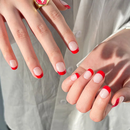 Red Love Heart French Nail Art - Cute Nude Pink Fake Nails